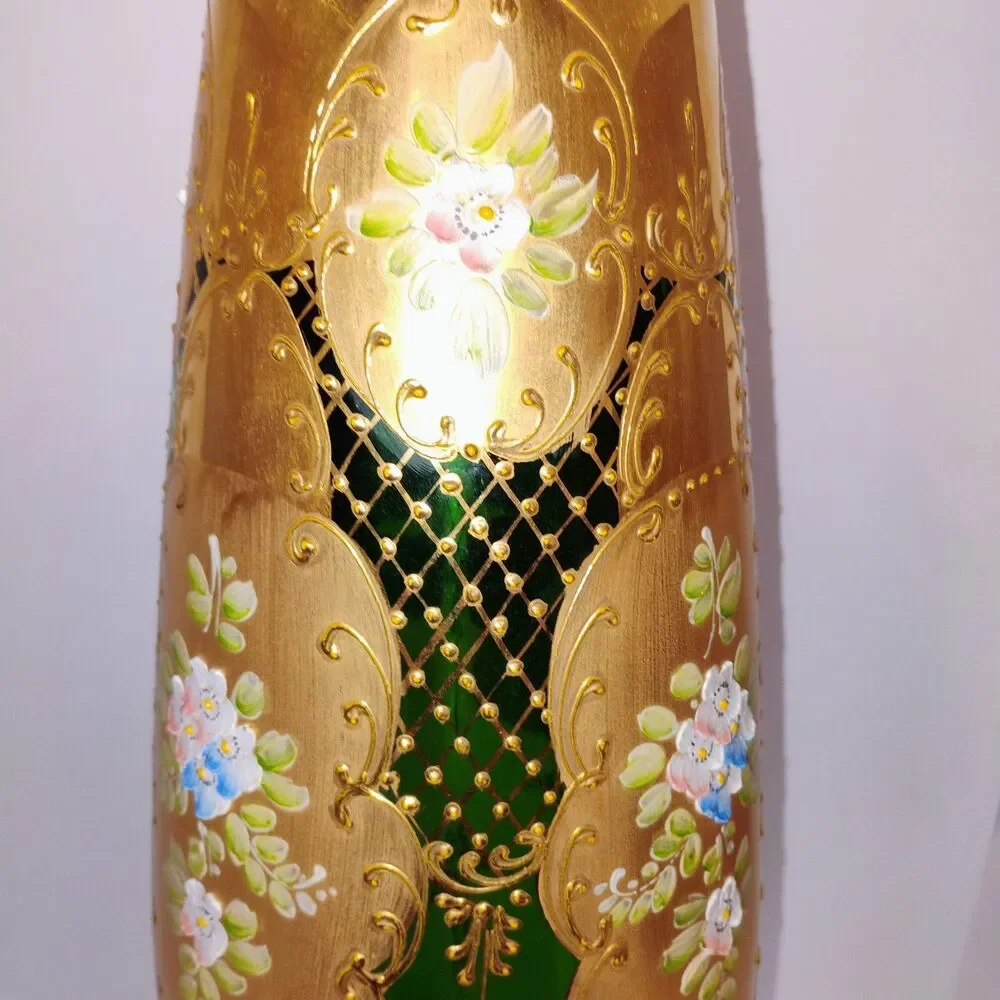 18” Handmade Italian Decorative Vase – Green & Gold Bohemian Glass-hand painted